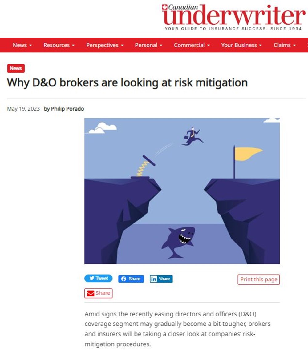 A screenshot of the article "Why D&O brokers are looking at risk mitigation" in Canadian Underwriter Magazine